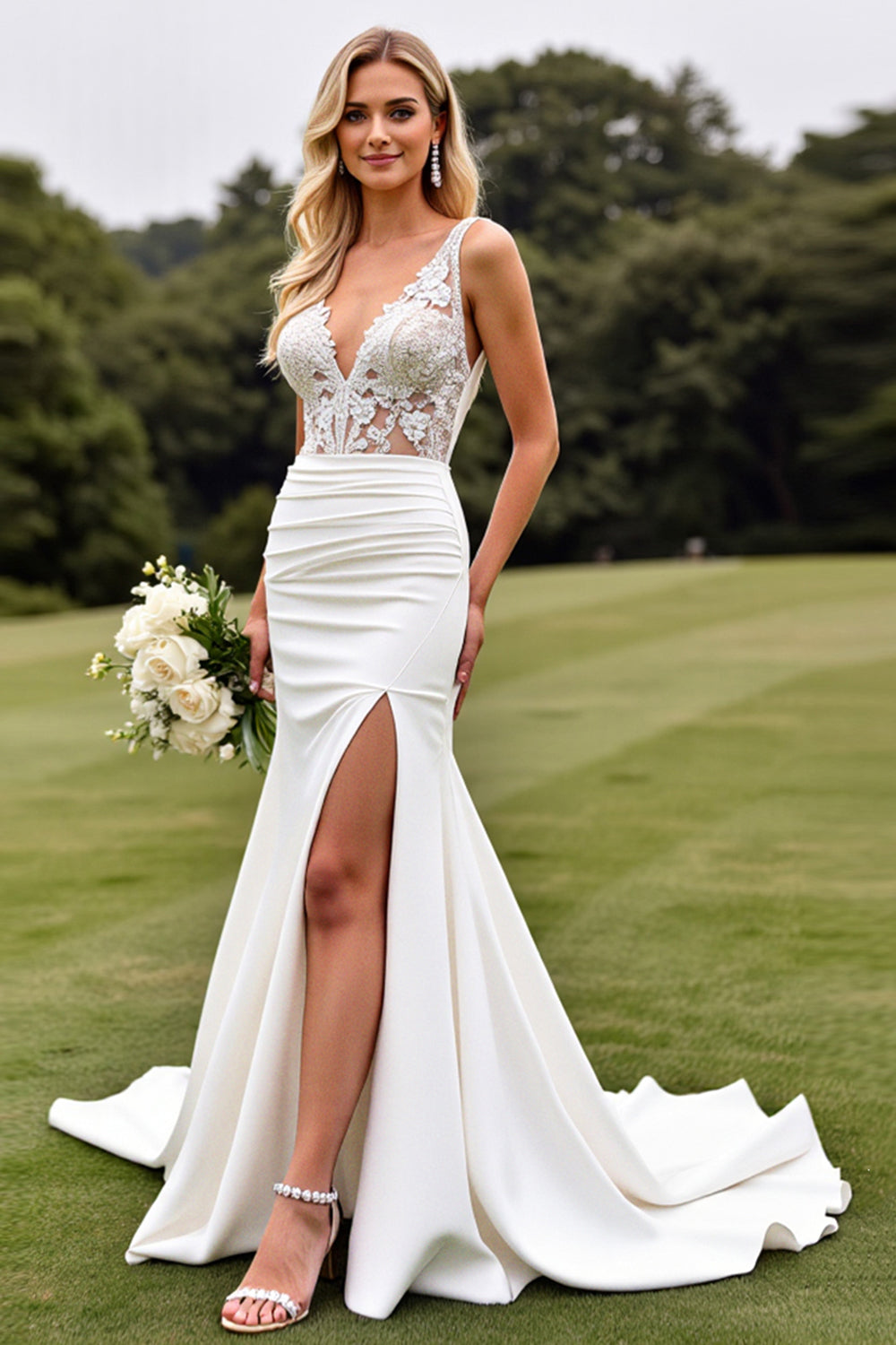 Ivory V Neck Sweep Train Satin Wedding Dress with Lace