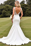 Ivory V Neck Sweep Train Satin Wedding Dress with Lace