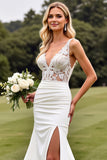Ivory V Neck Sweep Train Satin Wedding Dress with Lace