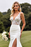Ivory V Neck Sweep Train Satin Wedding Dress with Lace