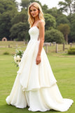Ivory Satin Spaghetti Straps Sweep Train Boho Wedding Dress with Ruffles