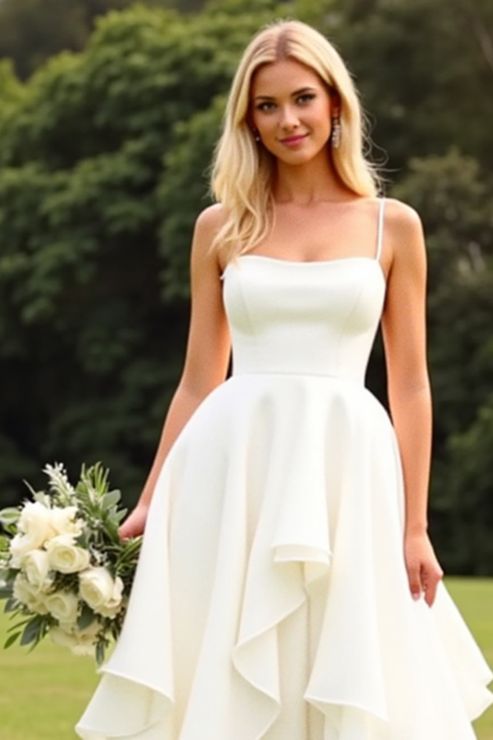Ivory Satin Spaghetti Straps Sweep Train Boho Wedding Dress with Ruffles