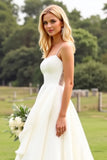 Ivory Satin Spaghetti Straps Sweep Train Boho Wedding Dress with Ruffles