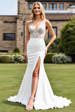 Ivory Satin V Neck Sweep Train Mermaid Wedding Dress with Lace