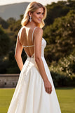 Ivory Satin Spaghetti Straps Sweep Train Boho Wedding Dress with Lace