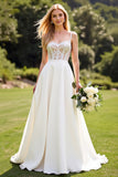 Ivory Satin Sweep Train Spaghetti Straps Boho Wedding Dress with Lace