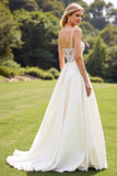 Ivory Satin Sweep Train Spaghetti Straps Boho Wedding Dress with Lace