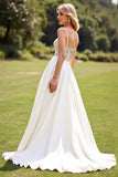 Ivory Satin Sweep Train Spaghetti Straps Boho Wedding Dress with Lace