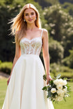 Ivory Satin Sweep Train Spaghetti Straps Boho Wedding Dress with Lace