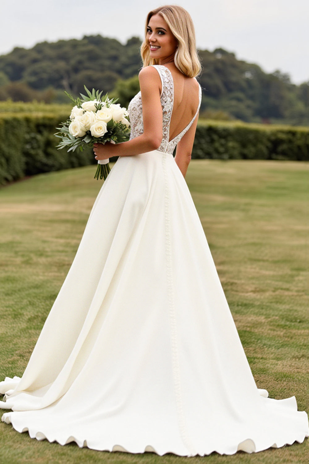 Ivory Sweep Train V Neck Wedding Dress with Lace