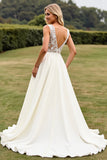 Ivory Sweep Train V Neck Wedding Dress with Lace