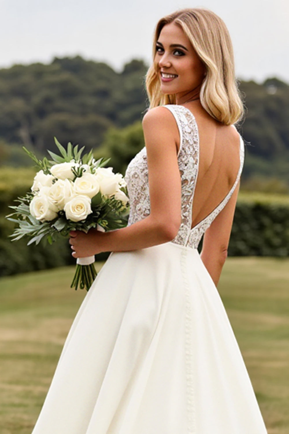 Ivory Sweep Train V Neck Wedding Dress with Lace
