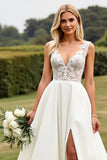 Ivory Sweep Train V Neck Wedding Dress with Lace
