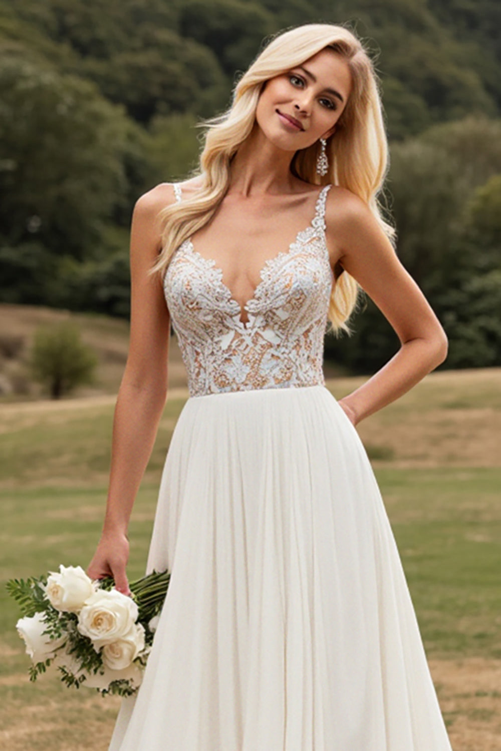 Ivory Chiffon Sweep Train V Neck Boho Wedding Dress with Lace