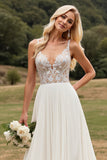 Ivory Chiffon Sweep Train V Neck Boho Wedding Dress with Lace