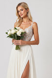 Ivory Chiffon Sweep Train V Neck Boho Wedding Dress with Lace