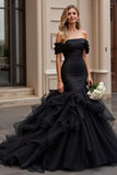 Black Satin Sweep Train Ruffled Off the Shoulder Mermaid Wedding Dress