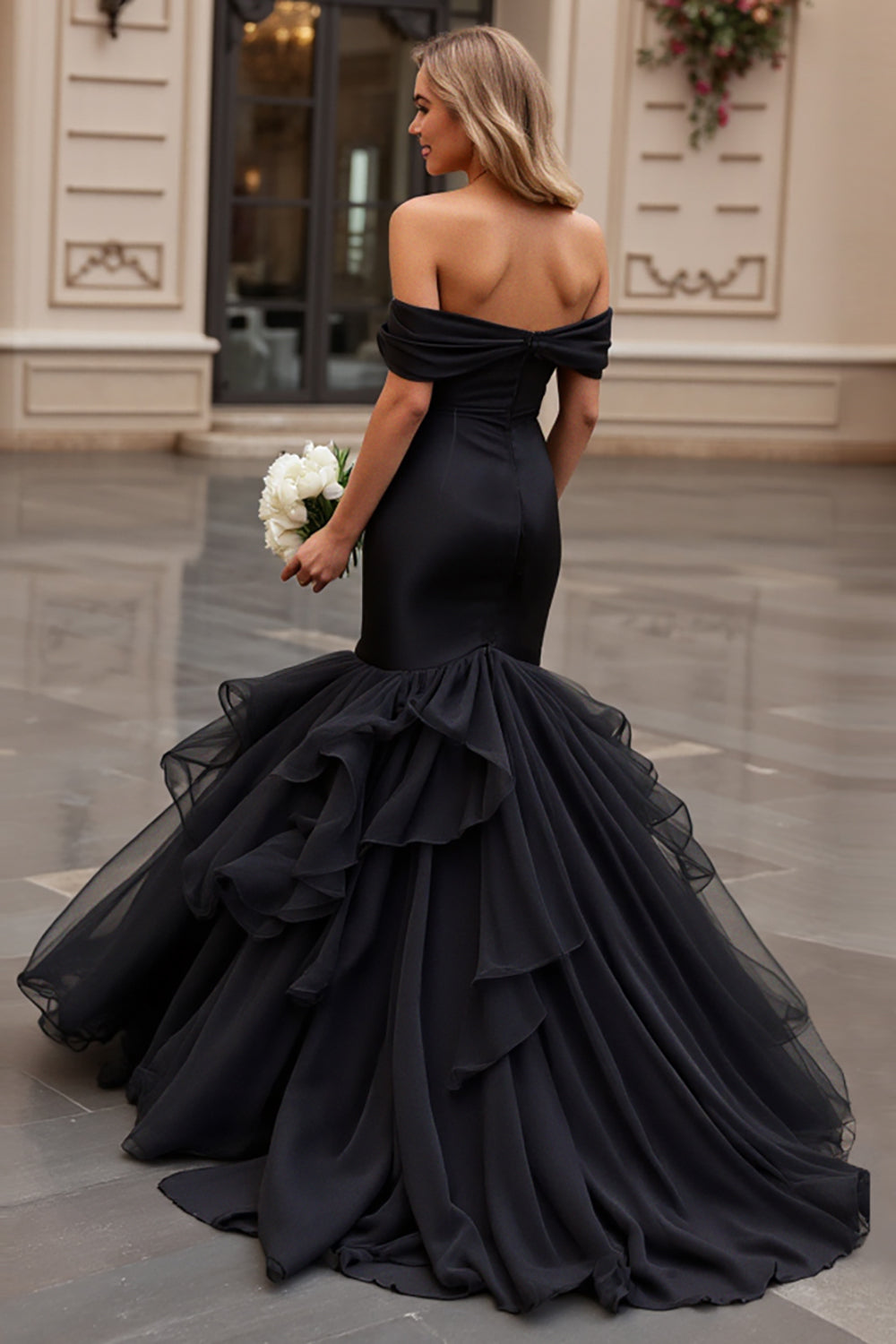 Black Satin Sweep Train Ruffled Off the Shoulder Mermaid Wedding Dress