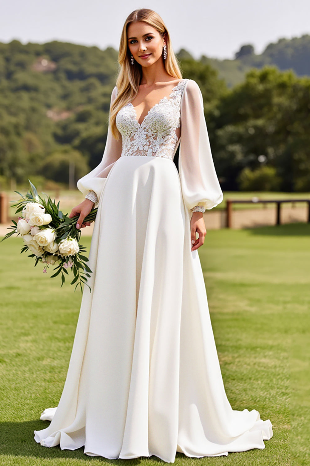 Ivory  V Neck Chiffon Sweep Train Boho Wedding Dress with Lace