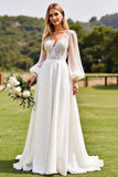 Ivory  V Neck Chiffon Sweep Train Boho Wedding Dress with Lace