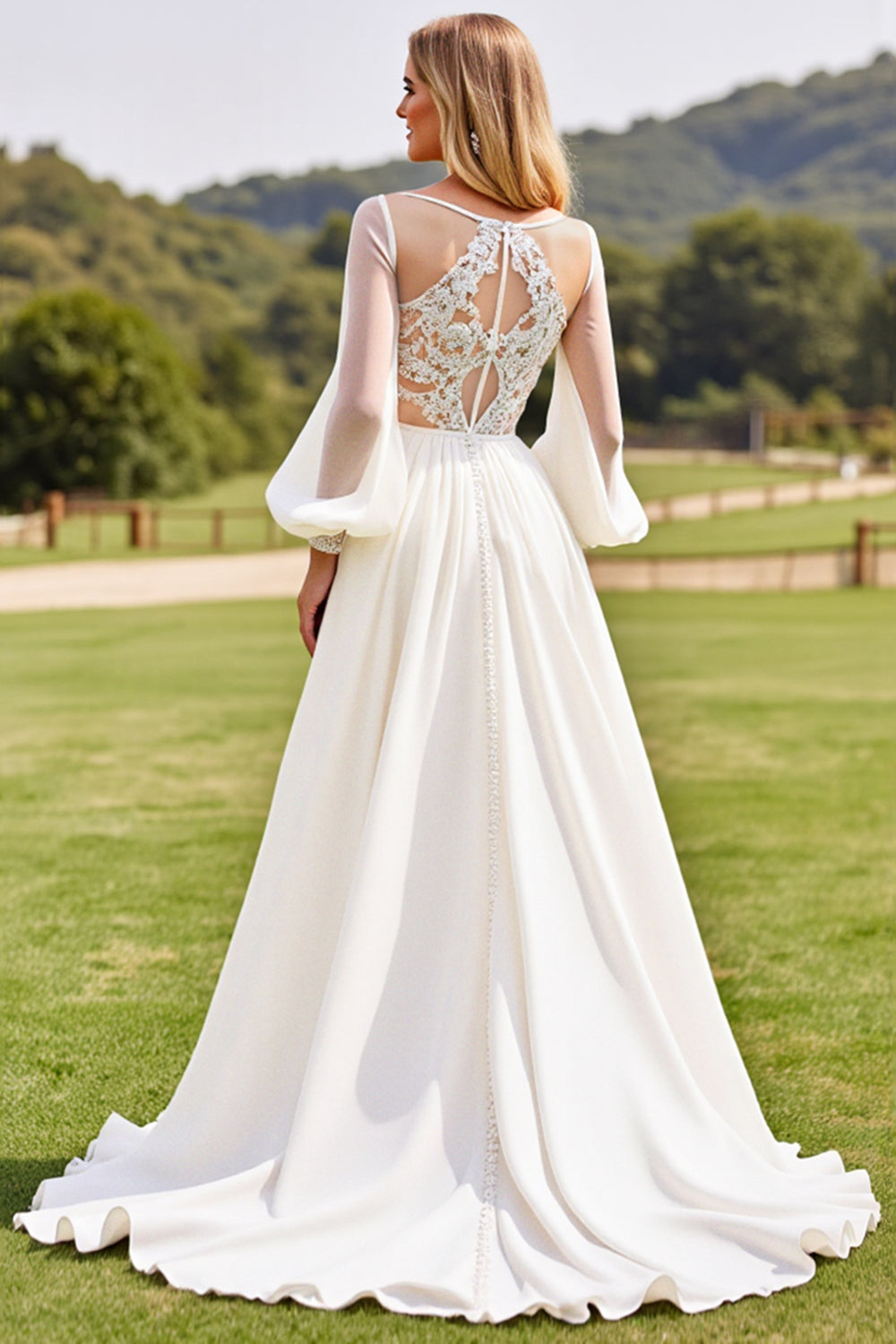 Ivory  V Neck Chiffon Sweep Train Boho Wedding Dress with Lace