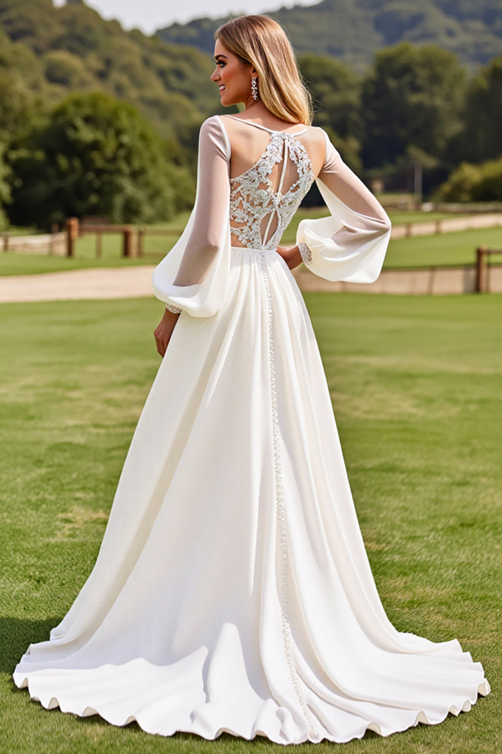 Ivory  V Neck Chiffon Sweep Train Boho Wedding Dress with Lace