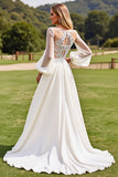 Ivory  V Neck Chiffon Sweep Train Boho Wedding Dress with Lace