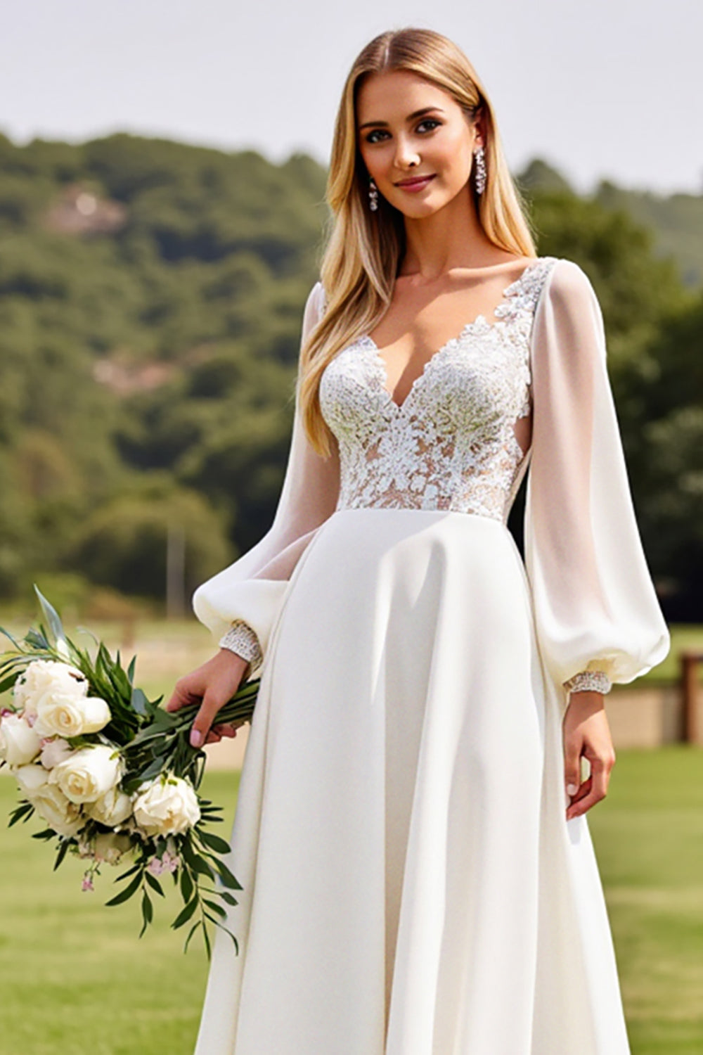 Ivory  V Neck Chiffon Sweep Train Boho Wedding Dress with Lace