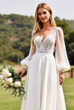 Ivory  V Neck Chiffon Sweep Train Boho Wedding Dress with Lace