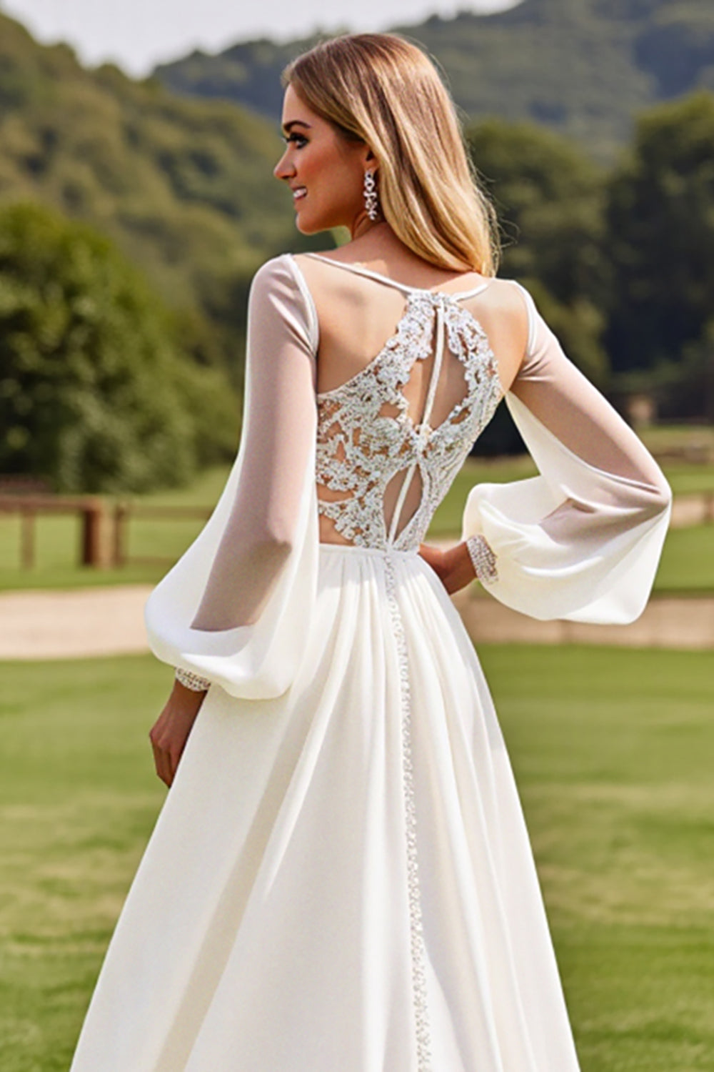 Ivory  V Neck Chiffon Sweep Train Boho Wedding Dress with Lace
