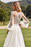 Ivory  V Neck Chiffon Sweep Train Boho Wedding Dress with Lace