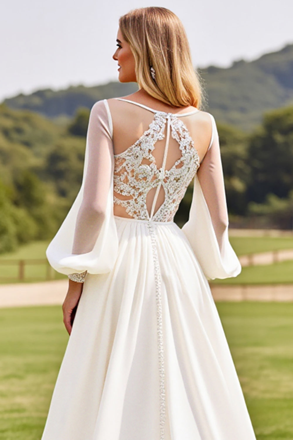 Ivory  V Neck Chiffon Sweep Train Boho Wedding Dress with Lace