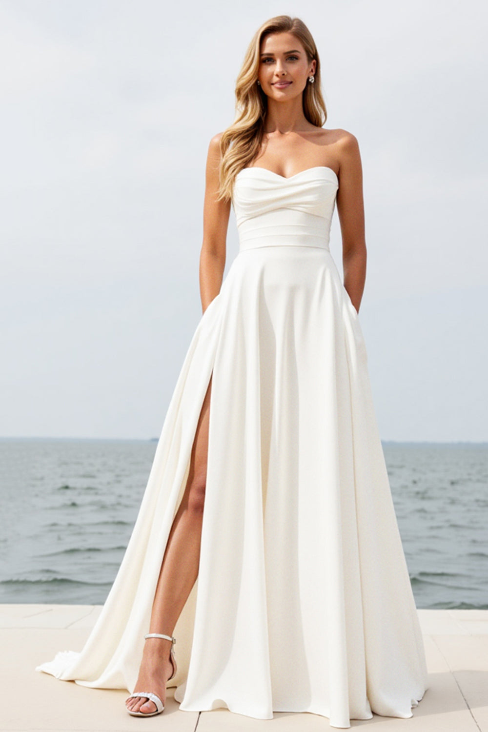 Ivory Strapless Sweep Train Boho Wedding Dress with Slit
