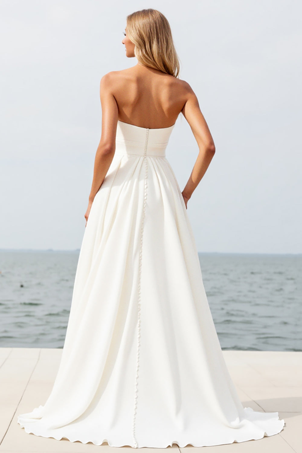 Ivory Strapless Sweep Train Boho Wedding Dress with Slit