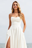 Ivory Strapless Sweep Train Boho Wedding Dress with Slit