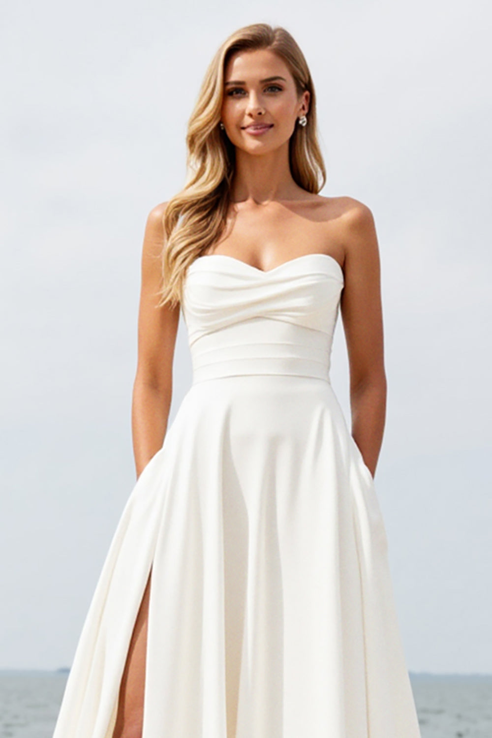 Ivory Strapless Sweep Train Boho Wedding Dress with Slit