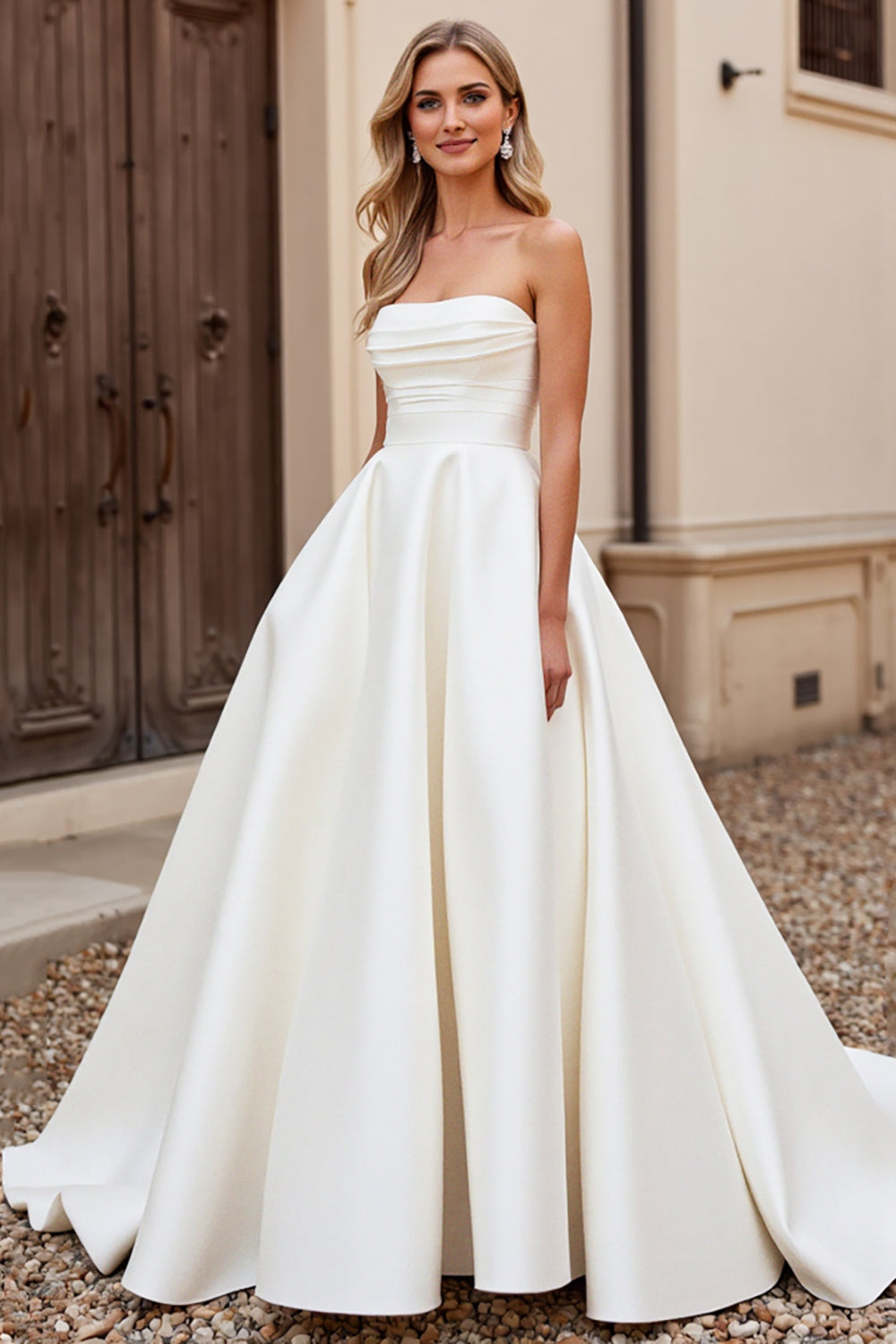 Ivory Strapless A Line Satin Sweep Train Wedding Dress