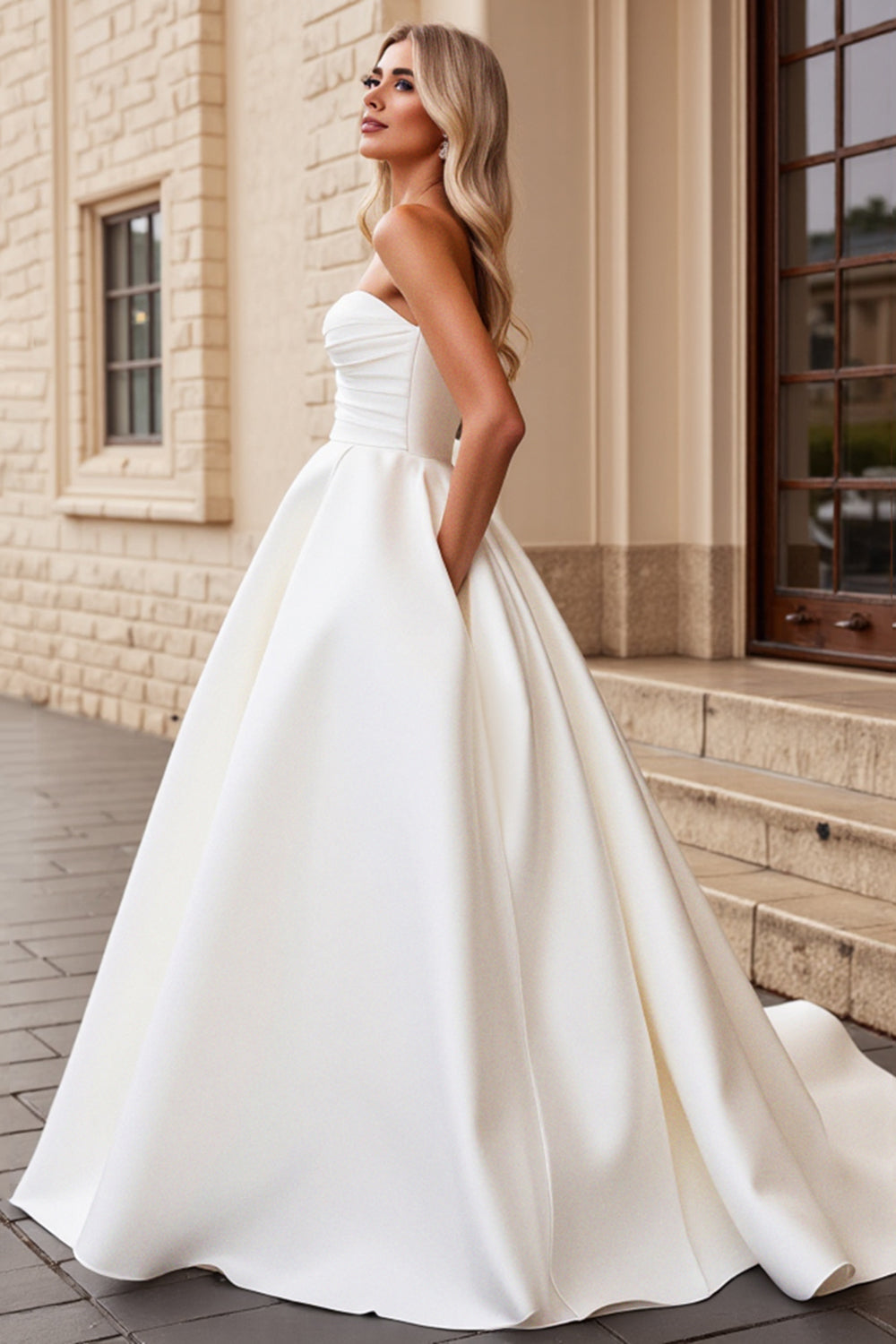 Ivory Strapless A Line Satin Sweep Train Wedding Dress