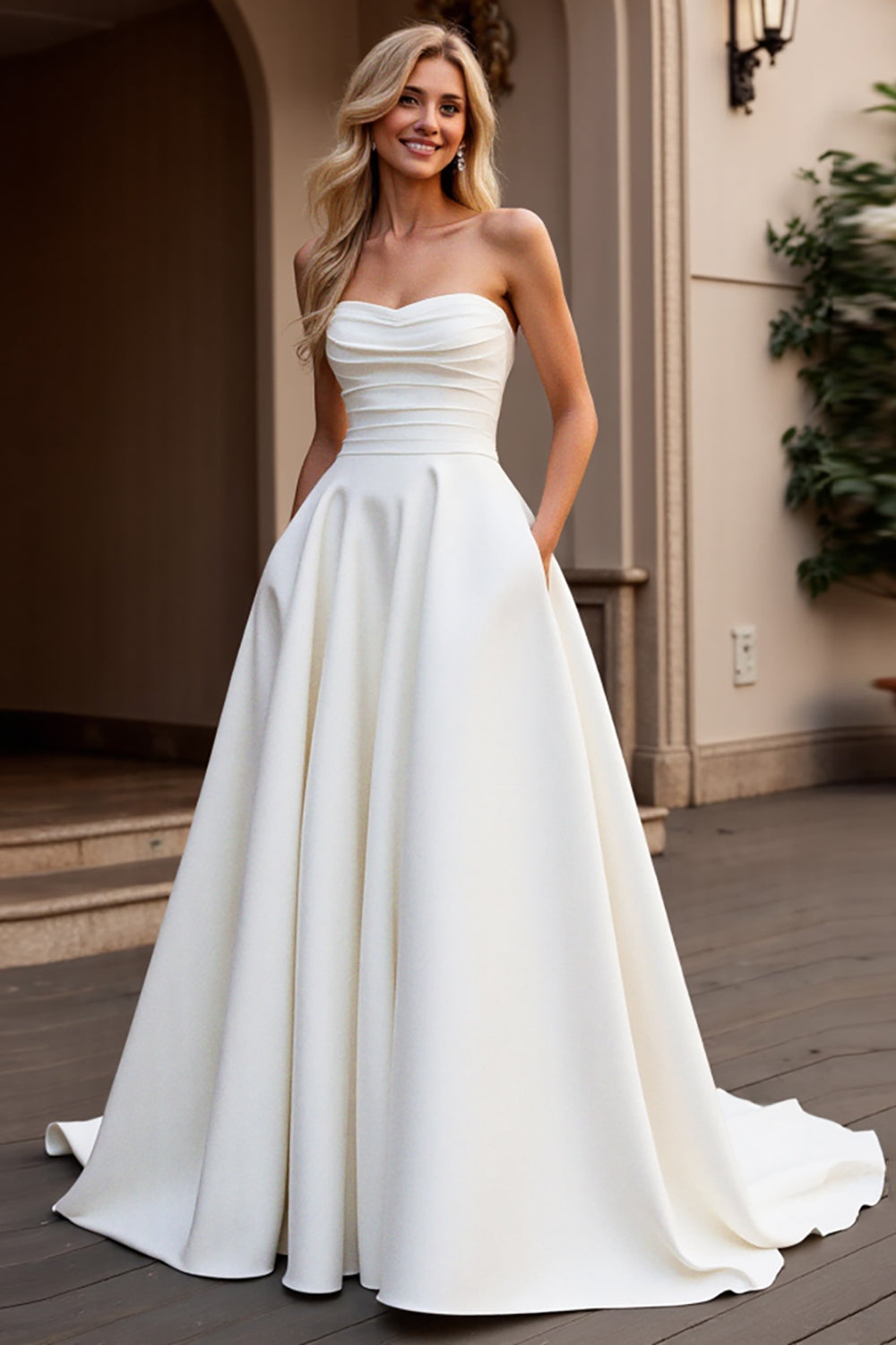 Ivory Strapless A Line Satin Sweep Train Wedding Dress