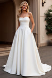Ivory Strapless A Line Satin Sweep Train Wedding Dress