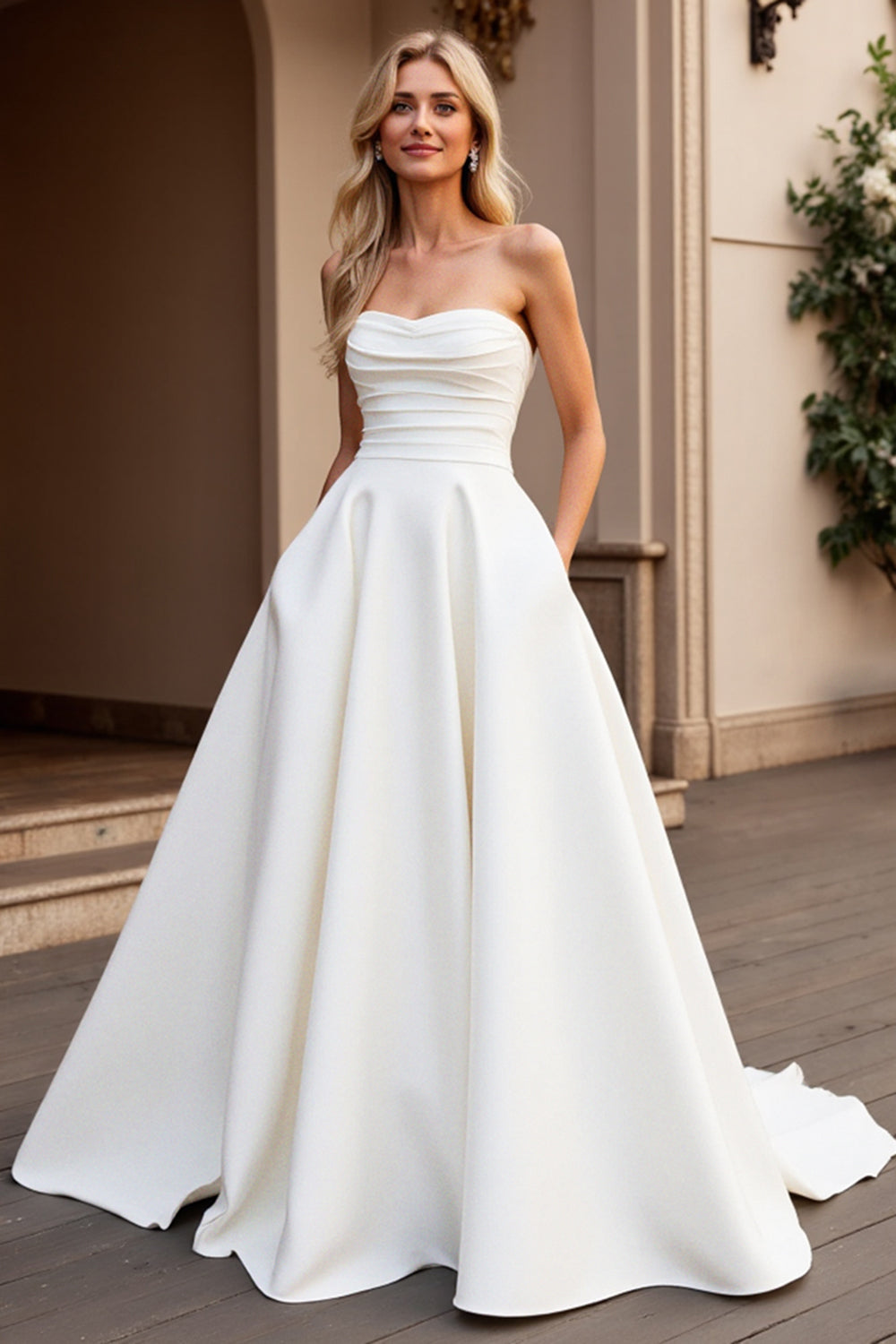 Ivory Strapless A Line Satin Sweep Train Wedding Dress