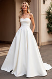 Ivory Strapless A Line Satin Sweep Train Wedding Dress
