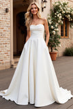 Ivory Strapless A Line Satin Sweep Train Wedding Dress