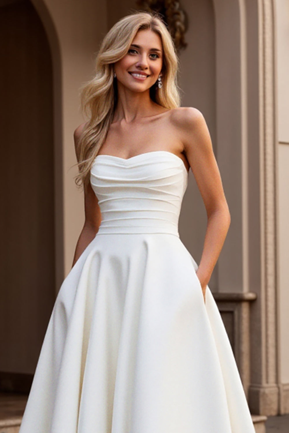 Ivory Strapless A Line Satin Sweep Train Wedding Dress