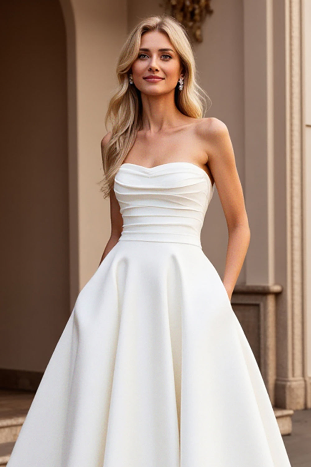 Ivory Strapless A Line Satin Sweep Train Wedding Dress