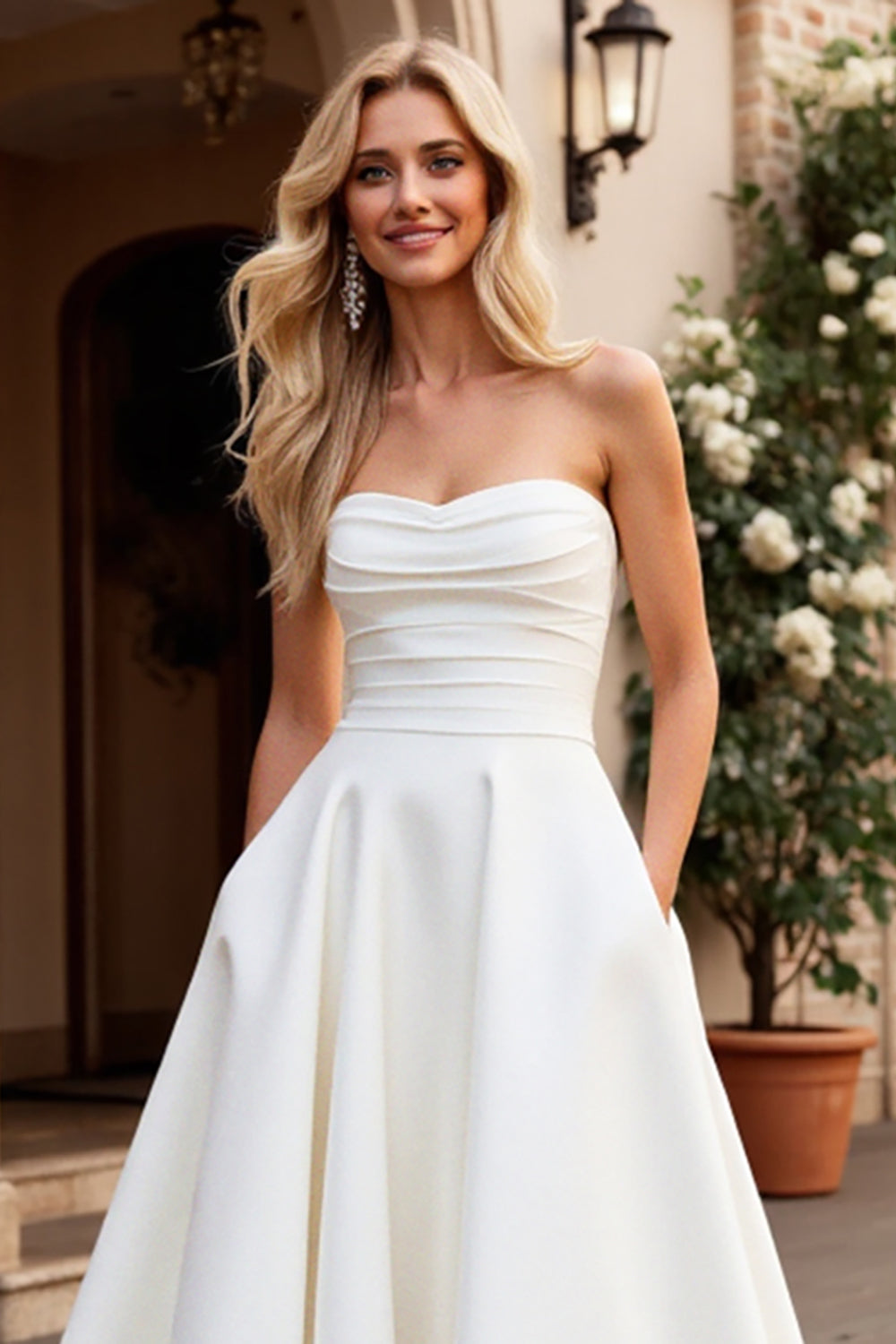 Ivory Strapless A Line Satin Sweep Train Wedding Dress