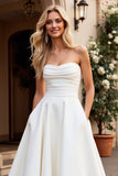 Ivory Strapless A Line Satin Sweep Train Wedding Dress