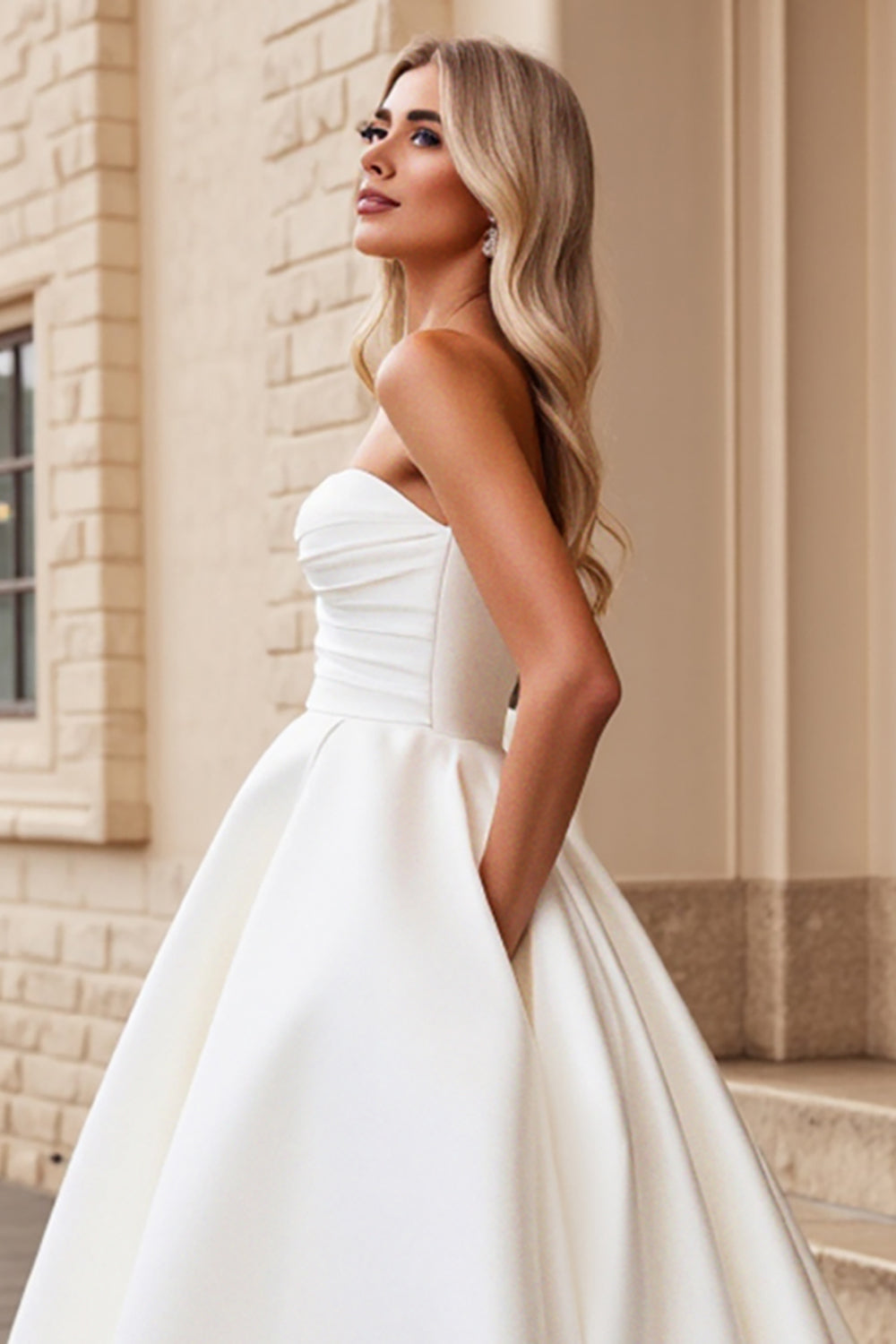 Ivory Strapless A Line Satin Sweep Train Wedding Dress