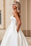 Ivory Strapless A Line Satin Sweep Train Wedding Dress