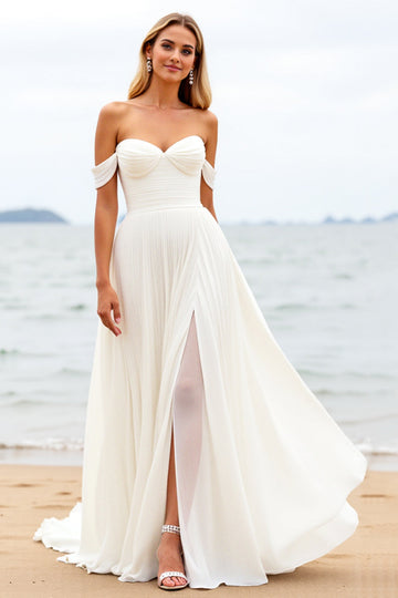 Ivory Chiffon Off the Shoulder Sweep Train Boho Wedding Dress with Slit